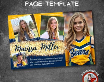 Könnte beinhalten: Ein blaues und goldenes Jahrbuch-Seitenvorlage mit einem Foto eines Mädchens in einem Cheerleader-Outfit. Der Text "Marissa Miller" ist in goldenen Glitzer geschrieben. Der Text "Bears" ist in Weiß auf blauem Hintergrund geschrieben. Der Text "Your smile lights up our hearts. Can't wait to see where your footprints lead. We are so proud of you. Love, Mom, Dad, and Amanda" ist in Weiß auf blauem Hintergrund geschrieben.