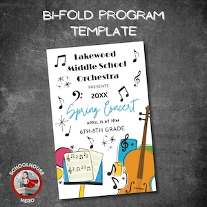 Puede incluir: Una plantilla de programa plegable blanca con el texto "Lakewood Middle School Orchestra Presents Spring Concert" y notas musicales. El concierto es el 15 de abril a las 7 PM para los grados 6-8. Un logotipo de Schoolhouse Hero está en la esquina inferior izquierda.