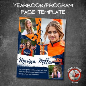 May include: Yearbook/program page template with photos of a young woman in a band uniform. The template includes musical notes, the name "Marissa Miller", and the text "Your smile lights up our hearts. Can't wait to see where your footprints lead."