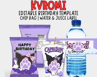 Kvromi Party Favor Bundle | Bewerkbare etiketten voor chipszakjes, sap- en waterzakjes (digitale download)