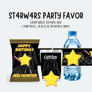 May include: An editable party favor template featuring a black chip bag, juice pouch label, and water bottle label with Darth Vader graphics, yellow text reading HAPPY BIRTHDAY JEDI HUNTER, and ST4RW4RS PARTY FAVOR, EDITABLE TEMPLATE, CHIP BAG JUICE & WATER LABEL.