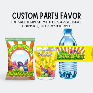 Peut inclure: Un modèle personnalisable pour fête sur le thème The Backyardigans. L'ensemble comprend un sachet de chips, une étiquette de gourde de jus et une étiquette de bouteille d'eau, ornés de motifs soleil orange et jaune et de personnages.