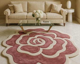 ROSA — Hand Tufted Wool Flower Rug, Pink Rose Shaped Carpet, Sculpted Petal Edge, Custom Color Floral Accent Rug for Living Room & Bedroom”