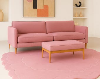 Hand-Tufted Wool Rug, Solid Pink Scallop Design, Modern Home Decor