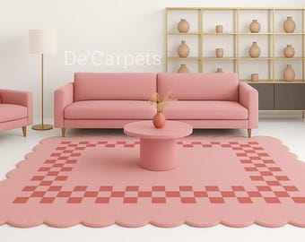 Hand Tufted Pink Wool Rug 6x9 & 9x12 | Scalloped Border Area Rug | Modern Living Room Bedroom Home Decor