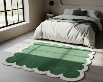 Hand-Tufted Wool Area Rug – Scallop Green and White, Modern Design