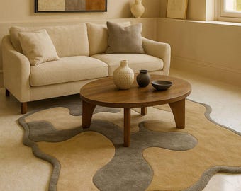 Handgetuft wollen tapijt met zandsteengolven | Modern neutraal abstract vloerkleed | Gebeeldhouwd getextureerd vloerkleed voor in de woonkamer.