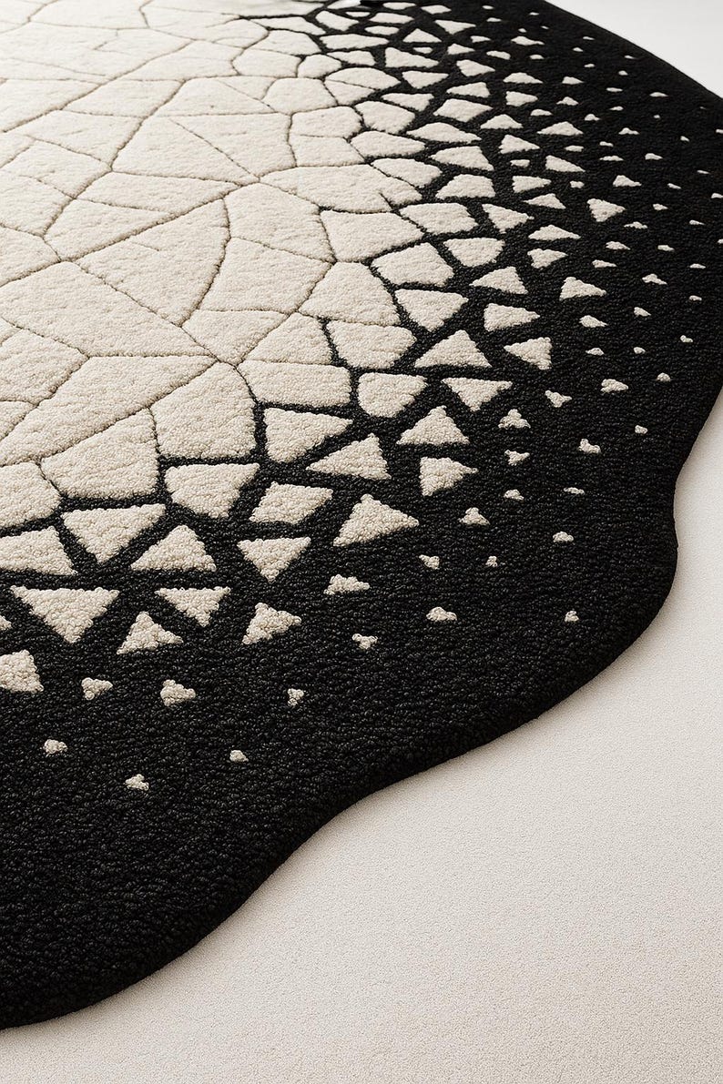 Close view of black cracked lines contrasted against ivory base in eclipse pattern.