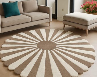 Handgetuft rond vloerkleed Nieuw-Zeelandse wol | Modern minimaal vloerkleed | Zacht pluche wollen tapijt voor woonkamer en slaapkamer.