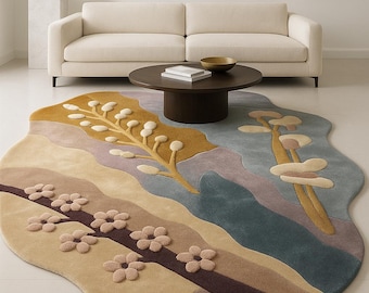 Alfombra de lana con mechones hechos a mano con diseño floral en relieve 3D, alfombra moderna esculpida para sala de estar y dormitorio.