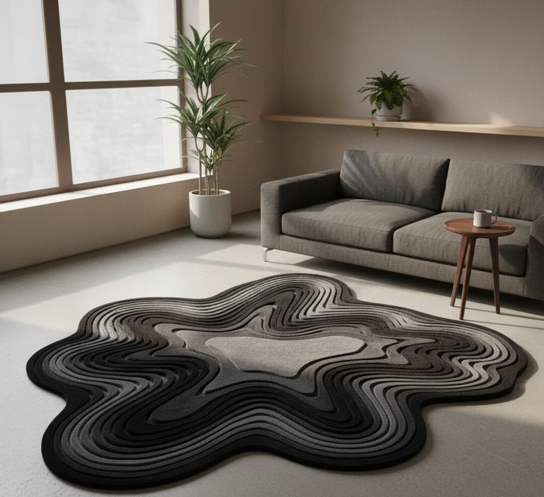 Hand Tufted Wool Rug Black Gray Wavy | Modern Abstract Area Rug ...