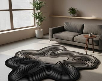 Hand Tufted Wool Rug Black Gray Wavy | Modern Abstract Area Rug | Luxury Wool Carpet for Living Room Bedroom.