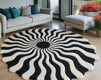 Hand Tufted Black Wool Round Rug, Modern Wavy Area Rug, Abstract Circular Carpet for Living Room Bedroom Home Decor.