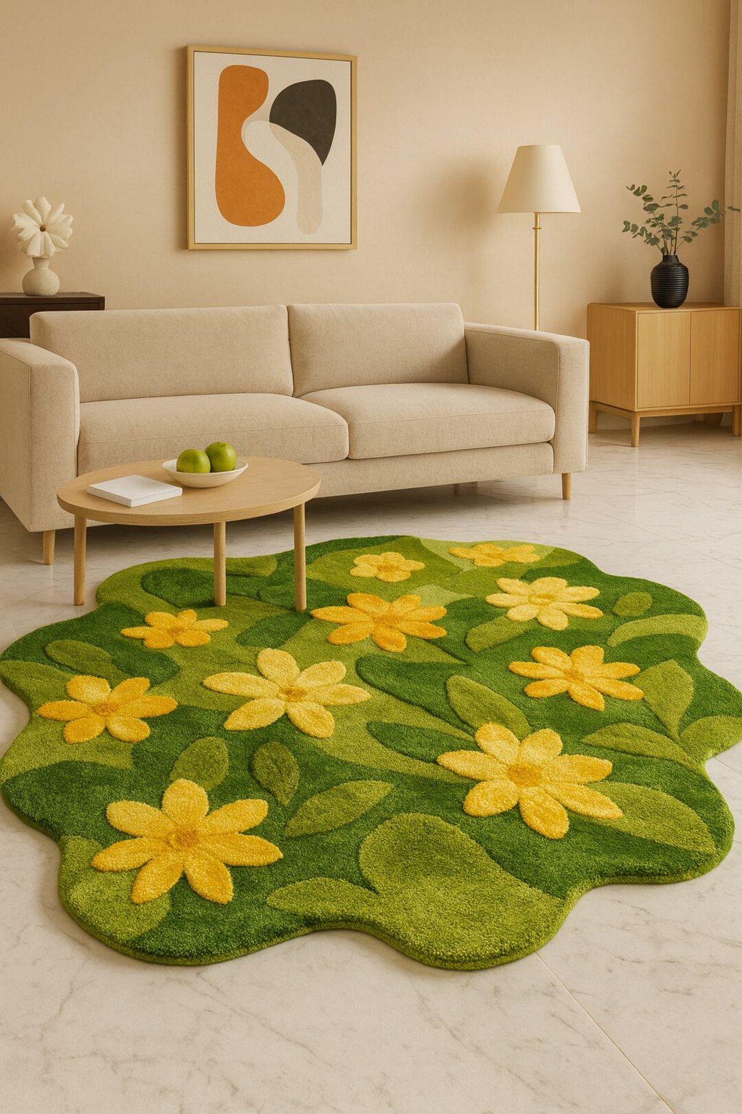 Hand Tufted Wool Floral Rug – Green & Yellow Accent Carpet - Etsy