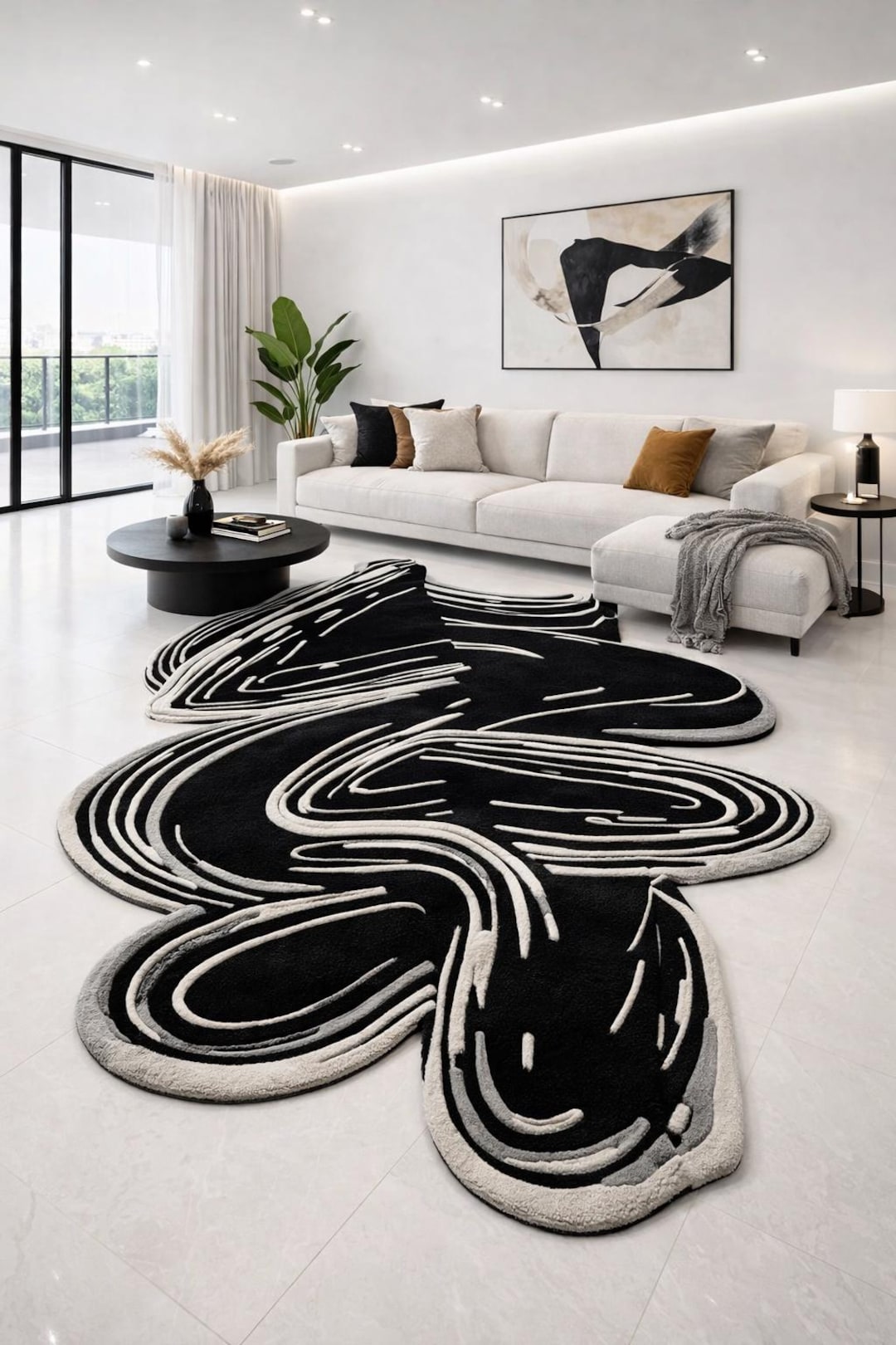 Monochrome Rug Pattern Minimalist Monochrome Irregular Rug, Hand Tufted Wool Swirl Carpet ...