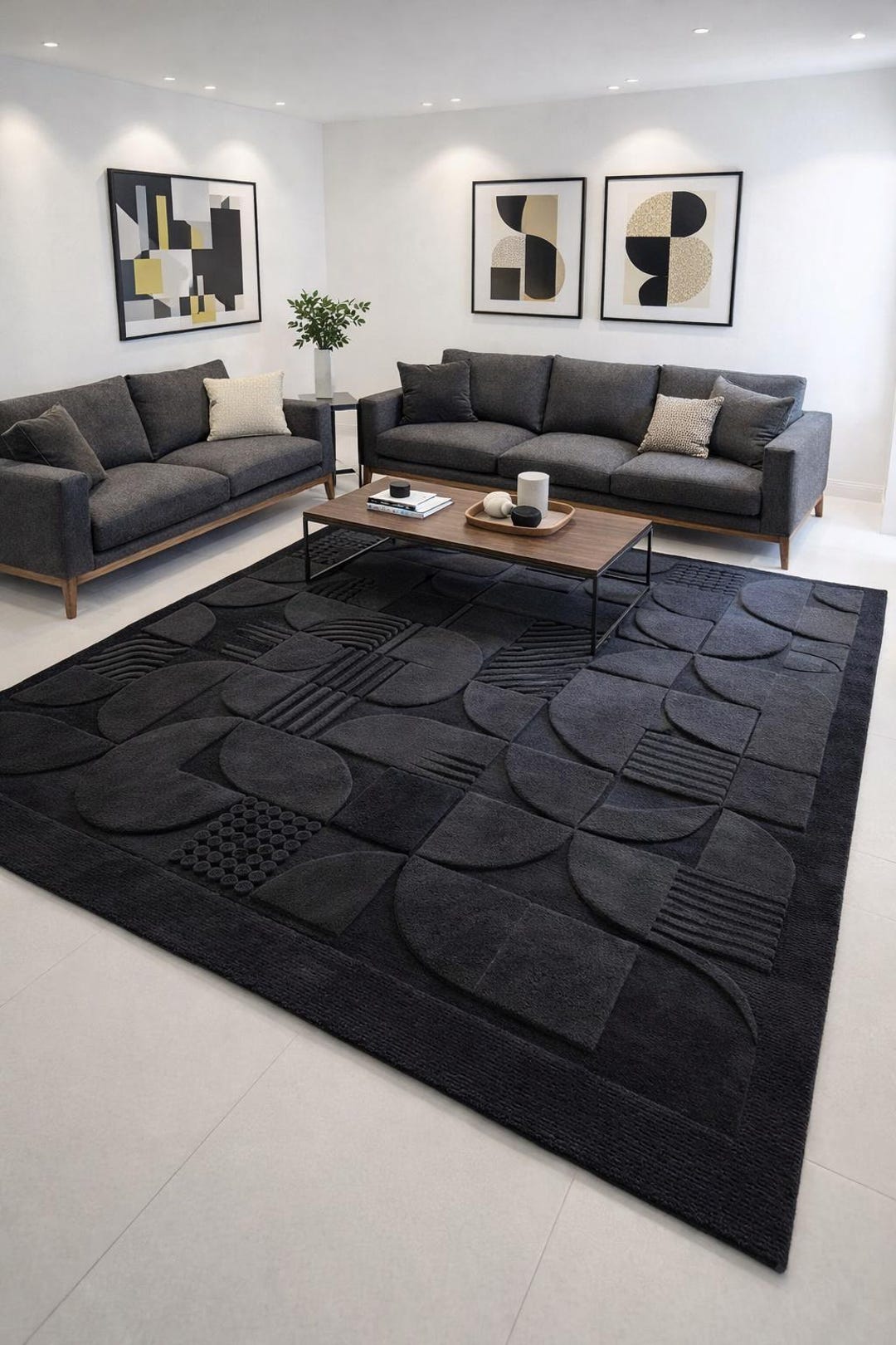 3D Textured Black Wool Rug, Hand Tufted Geometric Area Rug, Modern ...