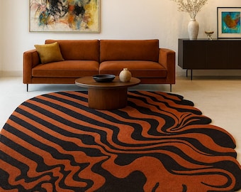 Lava Flow Hand-Tufted Wool Rug – Modern Abstract Black & Orange Rust Carpet, Irregular Area Rug for Living Room Decor, Art Inspired Rug