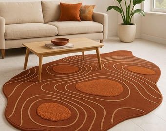 Hand Tufted Wool Rug Terracotta Wavy | Modern Abstract Area Rug | Sculpted Organic Design | Living Room Bedroom Decor.