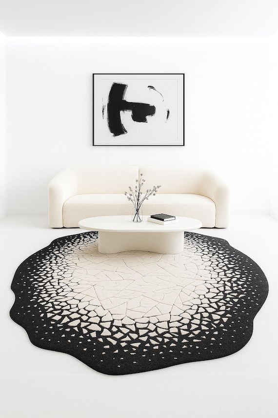 Cracked Eclipse Modern Black Ivory Rug | Hand-Tufted Wool & Silk Blend | Abstract Minimalist Art Rug for Living Room, Bedroom Décor