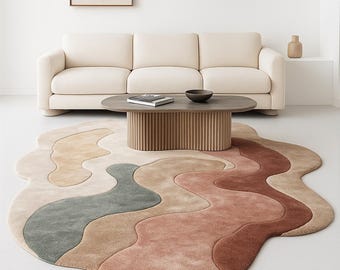 Serene Waves – handgetuft wollen vloerkleed | Modern onregelmatig abstract tapijt voor woonkamer, slaapkamer en interieur