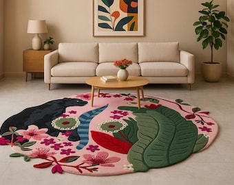 Tappeto in lana floreale rosa e verde fatto a mano / Tappeto floreale annodato a mano / Tappeto botanico moderno per soggiorno e camera da letto