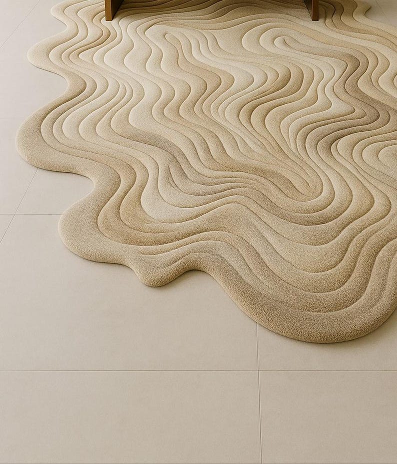 Undulating Small Rugs Irregular Beige Hand Tufted Rug - Handmade Organic Wave Pattern Modern ...