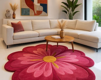BloomBlush – Tappeto floreale in lana annodato a mano / Tappeto a forma di fiore rosa / Moderno motivo a petali in rilievo / Tappeto decorativo per soggiorno