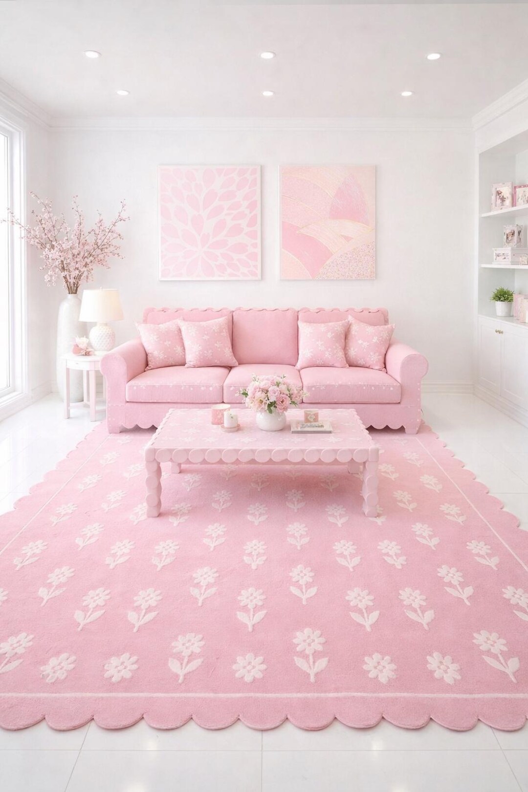 Hand Tufted Pink Scalloped Wool Rug, Floral Plush Area Carpet, Modern ...