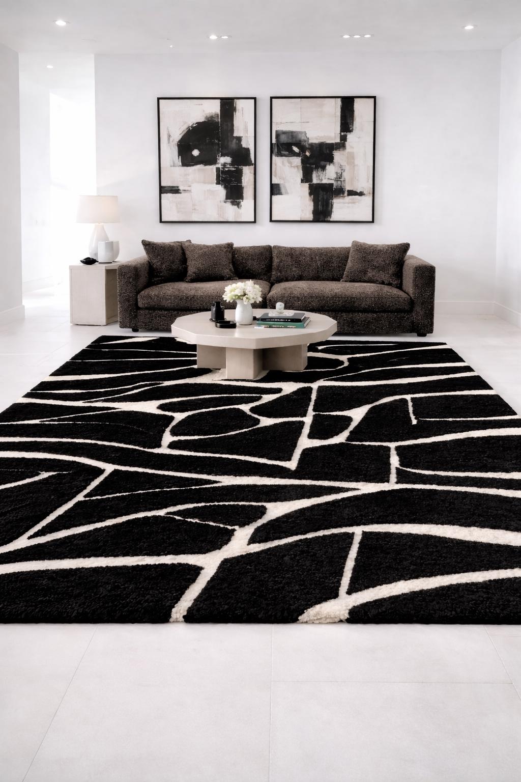 White Abstract Pattern Area Rug Abstract Black and White Wool Rug, Hand Tufted Area Rug, Modern ...