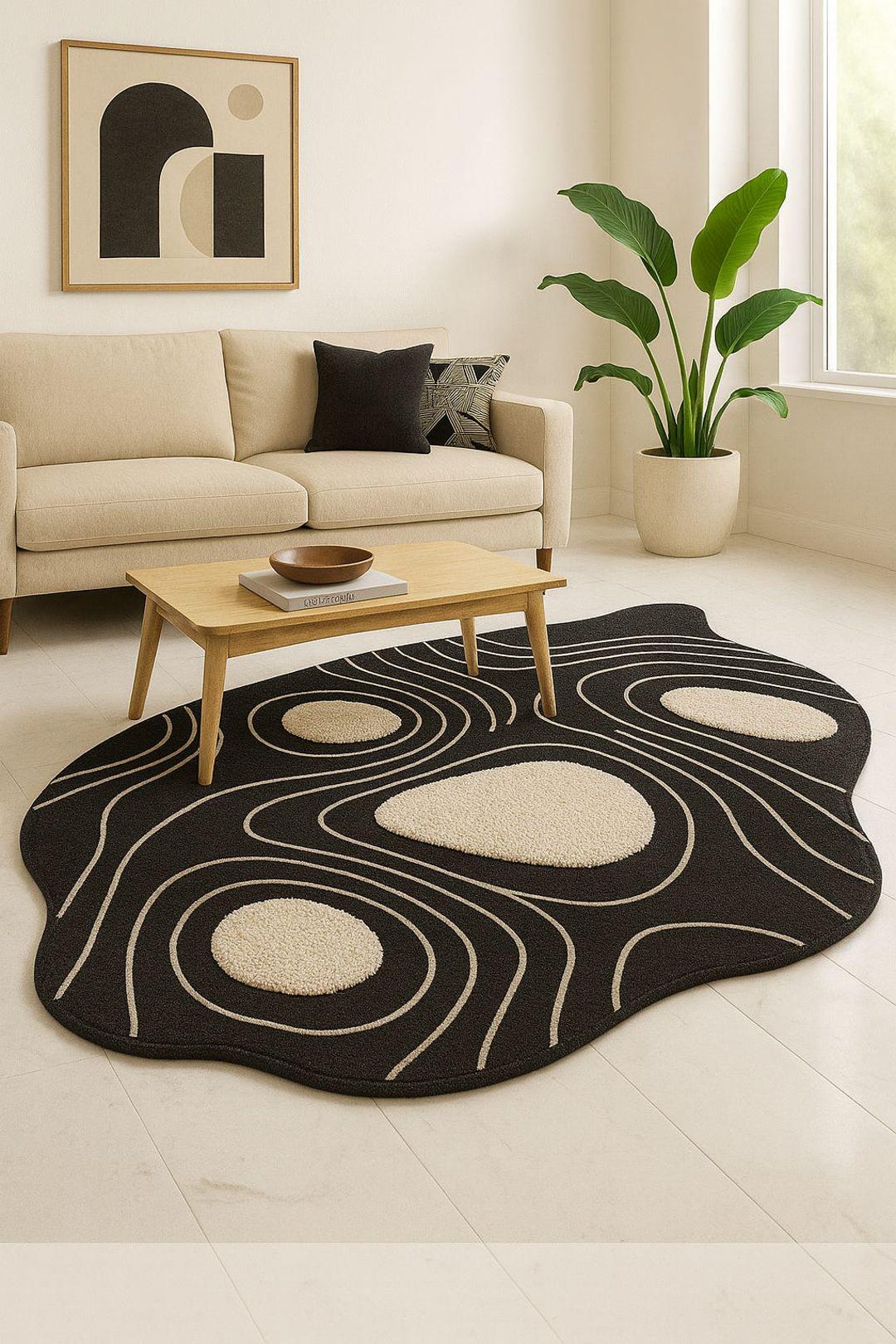 Hand Tufted Wool Rug Black Abstract Wavy Design | Modern Sculpted Area ...
