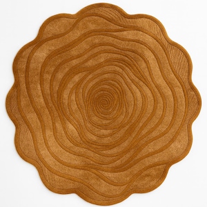 May include: A round, brown rug with a tree ring design. The rug has a scalloped edge and concentric circles that mimic the growth rings of a tree. The color is a warm, earthy brown.