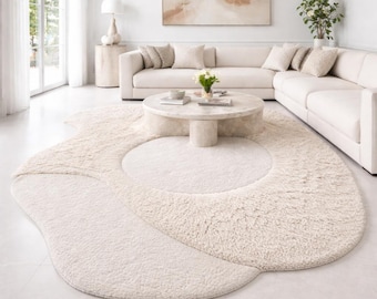Modern Hand Tufted Cream Area Rug, Organic Wavy Abstract Carpet, Minimalist Living Room Home Decor