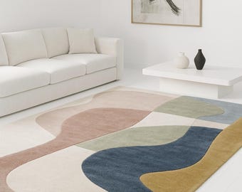 Abstract Hand Tufted Wool Rug 5x8 8x10, Modern Blue Green Area Rug, Contemporary Organic Shape Living Room Carpet