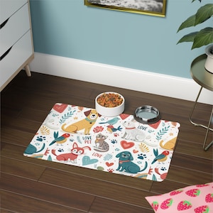 Colorful Pet Food Mat - Love for Pets (12x18) | Dog & Cat Bowl Mat