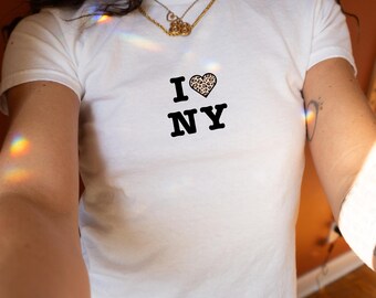 I Love NY Pink Cheetah Print Baby Tee Y2K, New York 90s NYC