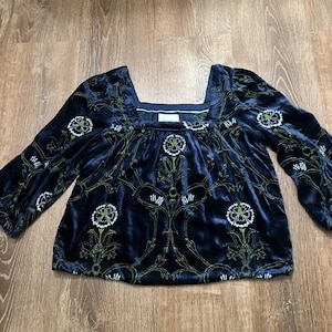 Anthropologie Velvet Blouse Blue Floral Green Puff Sleeves Size Small Boho EUC image 8