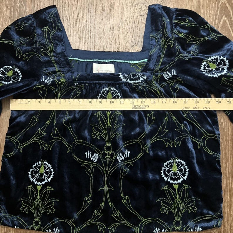 Anthropologie Velvet Blouse Blue Floral Green Puff Sleeves Size Small Boho EUC image 10