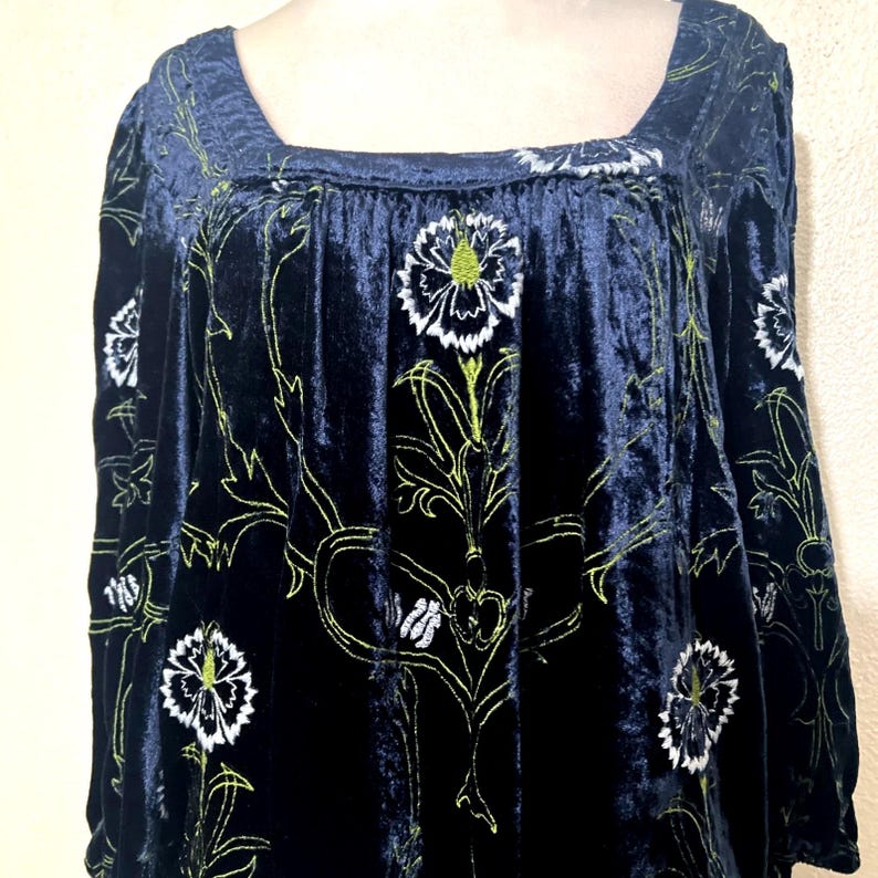 Anthropologie Velvet Blouse Blue Floral Green Puff Sleeves Size Small Boho EUC image 3