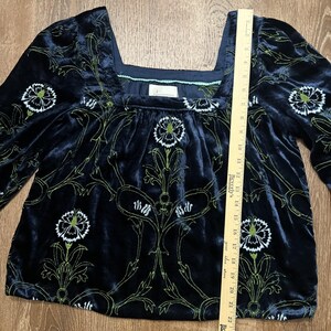 Anthropologie Velvet Blouse Blue Floral Green Puff Sleeves Size Small Boho EUC image 9