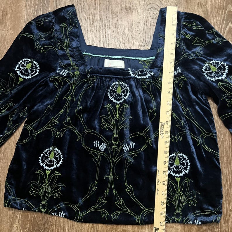 Anthropologie Velvet Blouse Blue Floral Green Puff Sleeves Size Small Boho EUC image 9