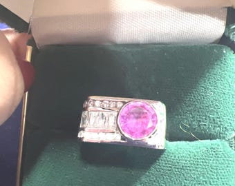 CWE Thailand 925 Signed Sterling Silver Large Pink Cubic Zirconia Ring SIZE 7.5