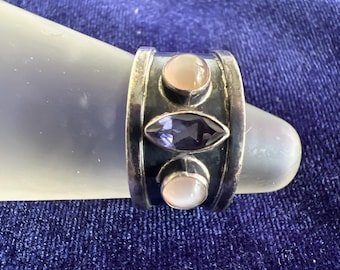 Vintage Sterling Silver Modernist Gemstone Cabochon Band Ring Sz 8.5 Moonstone
