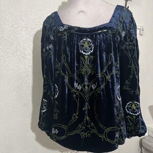 Anthropologie Velvet Blouse Blue Floral Green Puff Sleeves Size Small Boho EUC image 7