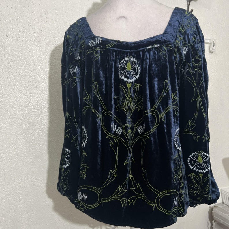 Anthropologie Velvet Blouse Blue Floral Green Puff Sleeves Size Small Boho EUC image 7