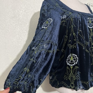 Anthropologie Velvet Blouse Blue Floral Green Puff Sleeves Size Small Boho EUC image 5