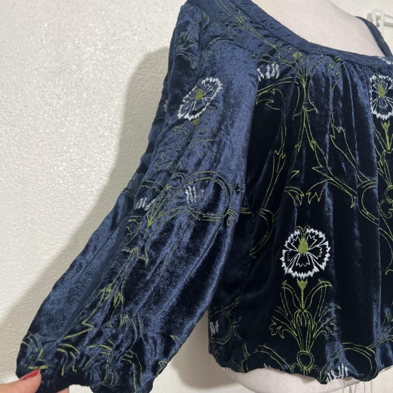 Anthropologie Velvet Blouse Blue Floral Green Puff Sleeves Size Small Boho EUC image 5