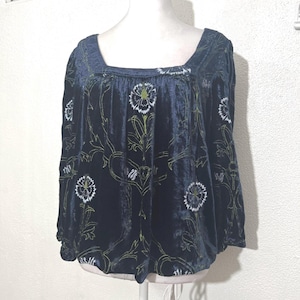 Anthropologie Velvet Blouse Blue Floral Green Puff Sleeves Size Small Boho EUC image 1