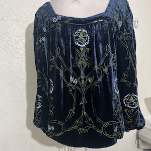Anthropologie Velvet Blouse Blue Floral Green Puff Sleeves Size Small Boho EUC image 6