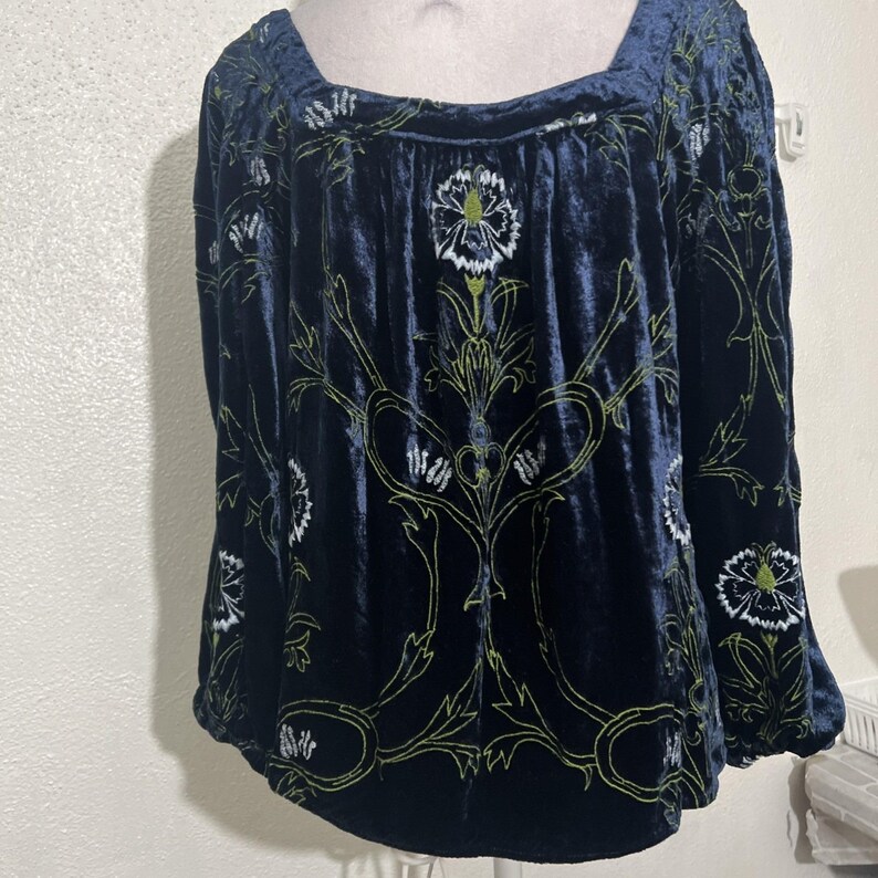 Anthropologie Velvet Blouse Blue Floral Green Puff Sleeves Size Small Boho EUC image 6