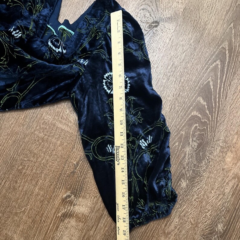 Anthropologie Velvet Blouse Blue Floral Green Puff Sleeves Size Small Boho EUC image 11